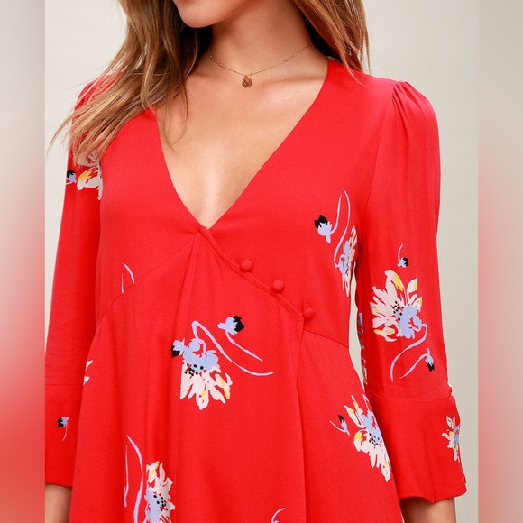 Free People Time On My Side Red Floral Print Wrap Dress - Size Small dresses - Picture 7 of 9